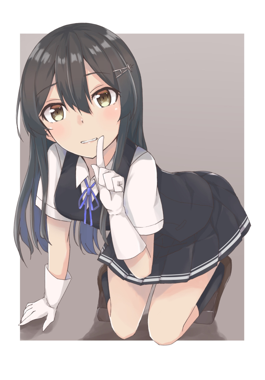 1girl black_hair black_legwear black_skirt blue_neckwear blue_ribbon brown_footwear finger_to_mouth framed_image gloves hair_ornament hairclip highres kantai_collection kneehighs kneeling loafers looking_at_viewer neck_ribbon open_mouth oyashio_(kantai_collection) pleated_skirt ribbon shirt shoes short_sleeves shushing simple_background skirt solo vest wasumi_kei white_gloves white_shirt yellow_eyes