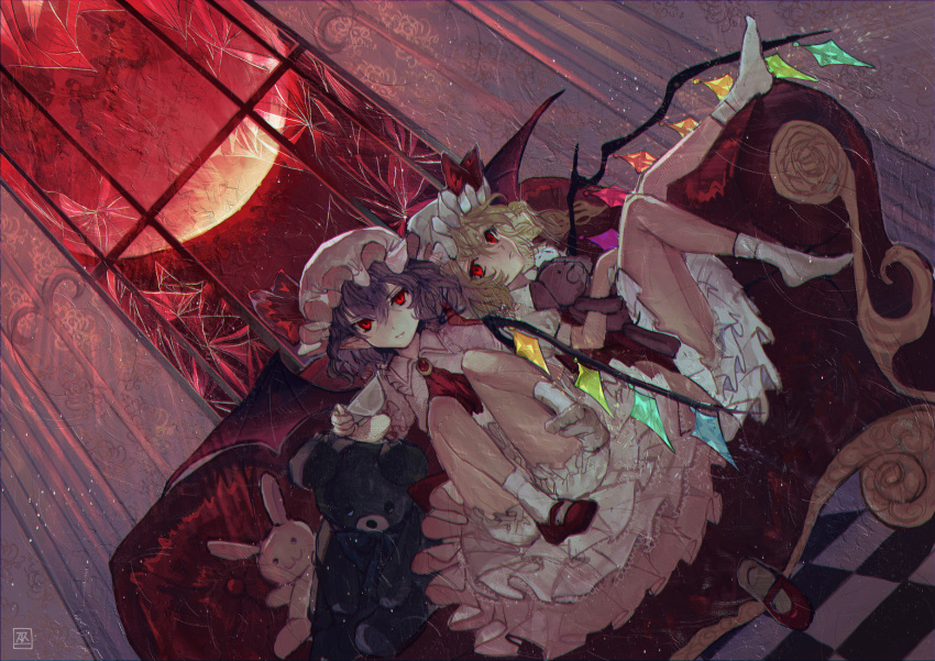 2girls bat_wings bloomers bow broken_glass brooch checkered checkered_floor closed_mouth commentary_request couch crystal dress dutch_angle expressionless flandre_scarlet frilled_dress frills full_moon glass hat hat_bow highres indoors jewelry looking_at_viewer mob_cap mochacot moon multiple_girls no_shoes pointy_ears red_bow red_eyes red_footwear red_moon red_neckwear remilia_scarlet shoes short_hair siblings single_shoe sisters sitting stuffed_animal stuffed_bunny stuffed_toy teddy_bear touhou underwear white_legwear window wings