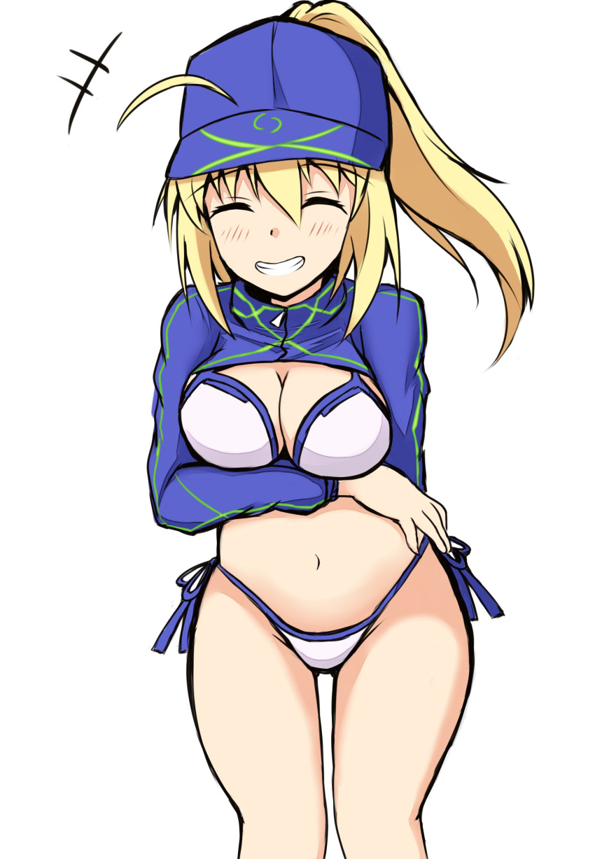 +++ 1girl ^_^ absurdres ahoge bangs bikini blue_hat blue_jacket blush breast_hold breasts cleavage closed_eyes closed_eyes commentary_request eyebrows_visible_through_hair facing_viewer fate/grand_order fate_(series) flat_cap grin groin hair_between_eyes hair_through_headwear hat high_ponytail highres jacket long_hair long_sleeves medium_breasts mitchi mysterious_heroine_xx_(foreigner) navel ponytail side-tie_bikini smile solo standing swimsuit white_bikini