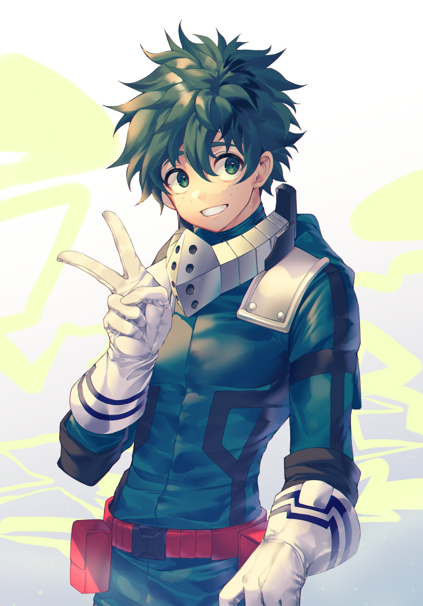 1boy absurdres belt bodysuit boku_no_hero_academia cowboy_shot elbow_gloves formal freckles gloves green_eyes green_hair grin hair_between_eyes highres kinty long_sleeves looking_at_viewer midoriya_izuku round_teeth shiny shiny_clothes shiny_hair simple_background smile solo standing suit teeth thick_eyebrows v white_gloves yellow_background