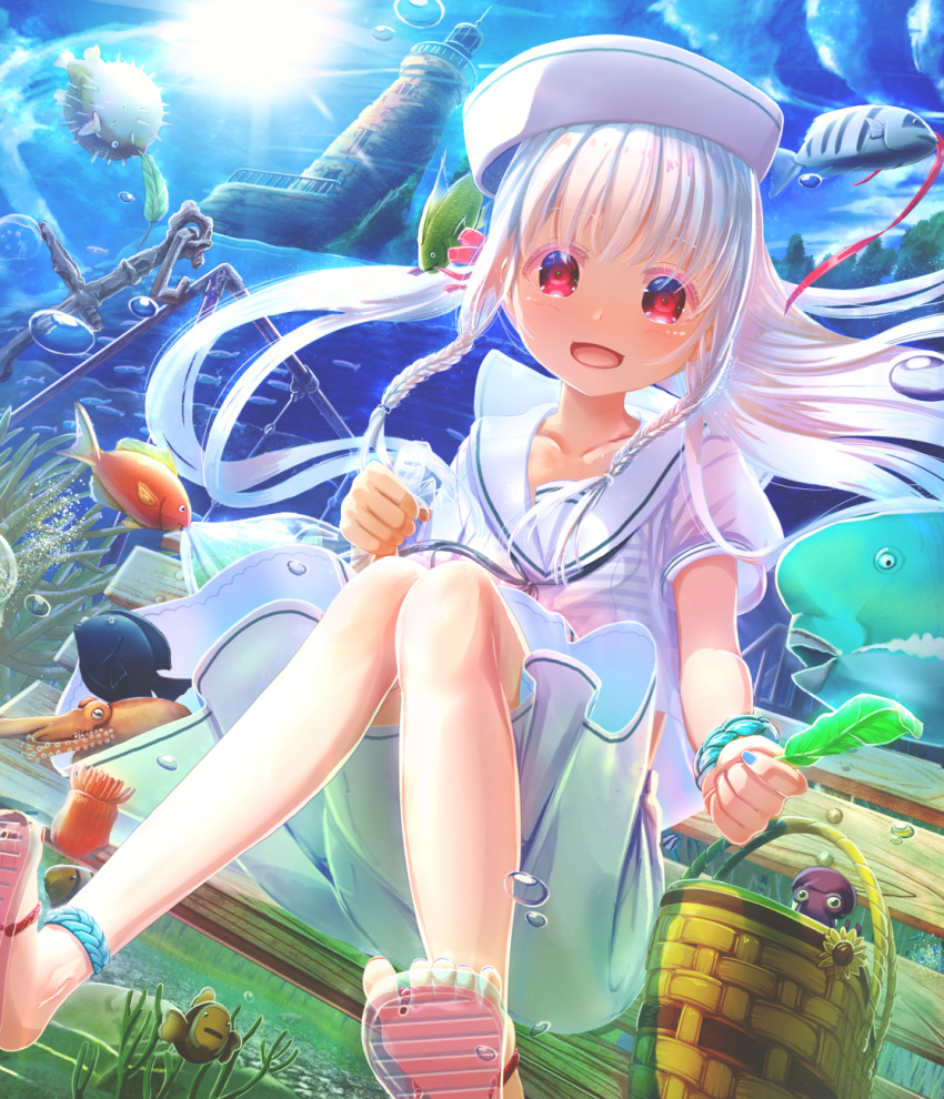 1girl :d abo_(kawatasyunnnosukesabu) air_bubble ankleband aqua_nails bangs basket bench blouse braid bubble clenched_hand clownfish collarbone commentary_request fish flip-flops floating_hair from_below hair_half_undone hat highres holding holding_leaf knees_together_feet_apart leaf lighthouse long_hair looking_at_viewer nail_polish ocean octopus open_mouth original outstretched_arm park_bench parrotfish puffer_fish red_eyes red_ribbon ribbon sailor_collar sailor_hat sandals school_uniform sea_urchin serafuku shirt shoe_soles short_sleeves side_braids sidelocks sitting skirt smile solo sun swing_set toenail_polish toes transparent_footwear underwater white_blouse white_hair white_sailor_collar white_shirt white_skirt wristband