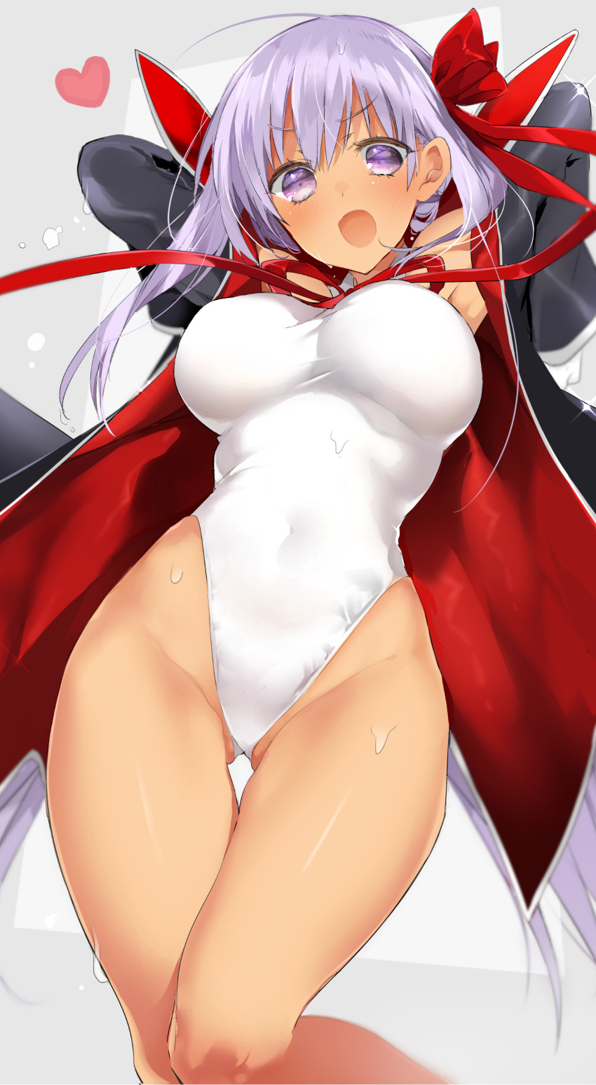 1girl :o absurdres arm_up bare_shoulders bb_(swimsuit_mooncancer)_(fate) blush breasts cape eyebrows_visible_through_hair fate/grand_order fate_(series) grey_background heart highres large_breasts long_hair looking_at_viewer one-piece_swimsuit open_mouth purple_hair sino_(sionori) solo swimsuit tan violet_eyes white_swimsuit