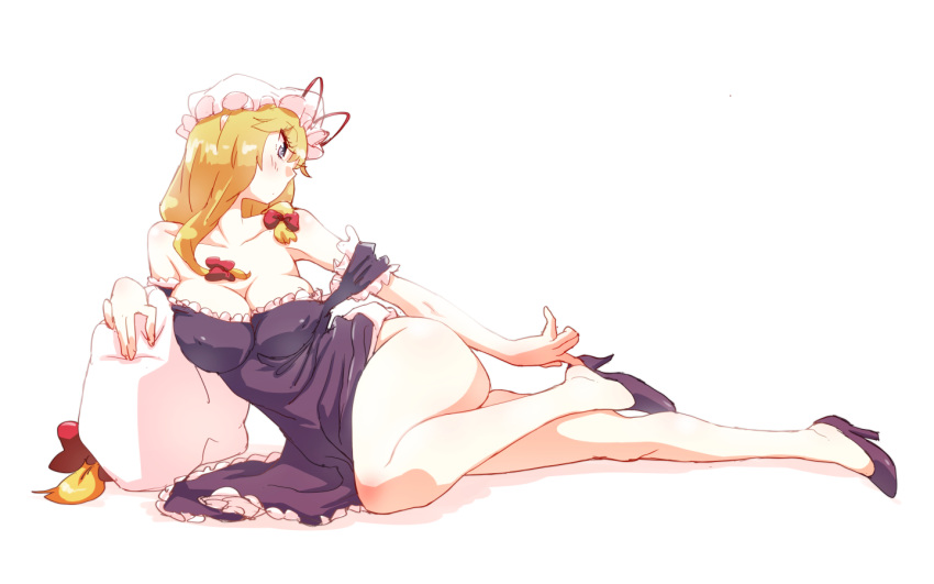 1girl adjusting_footwear bare_legs bare_shoulders blonde_hair blush breasts cleavage collarbone covered_nipples dress full_body hair_ribbon hat high_heels large_breasts long_hair lying mob_cap non_(z-art) on_side pillow profile purple_footwear ribbon simple_background solo thighs touhou tress_ribbon violet_eyes white_background yakumo_yukari