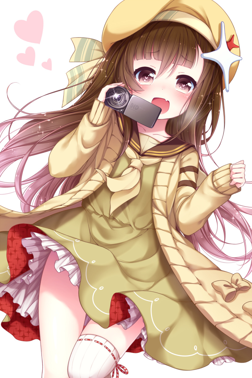 1girl :d beret blush brown_eyes brown_hair camcorder cardigan chunithm collarbone dress eyebrows_visible_through_hair fang furrowed_eyebrows green_dress hair_between_eyes hat heart heart-shaped_pupils highres holding kanonji_nikoru long_hair looking_at_viewer neckerchief open_cardigan open_clothes open_mouth ribbon-trimmed_legwear ribbon_trim sailor_dress sanotsuki single_thighhigh sleeves_past_wrists smile solo sparkle sweater symbol-shaped_pupils thigh-highs very_long_hair white_background white_legwear yellow_hat yellow_sweater