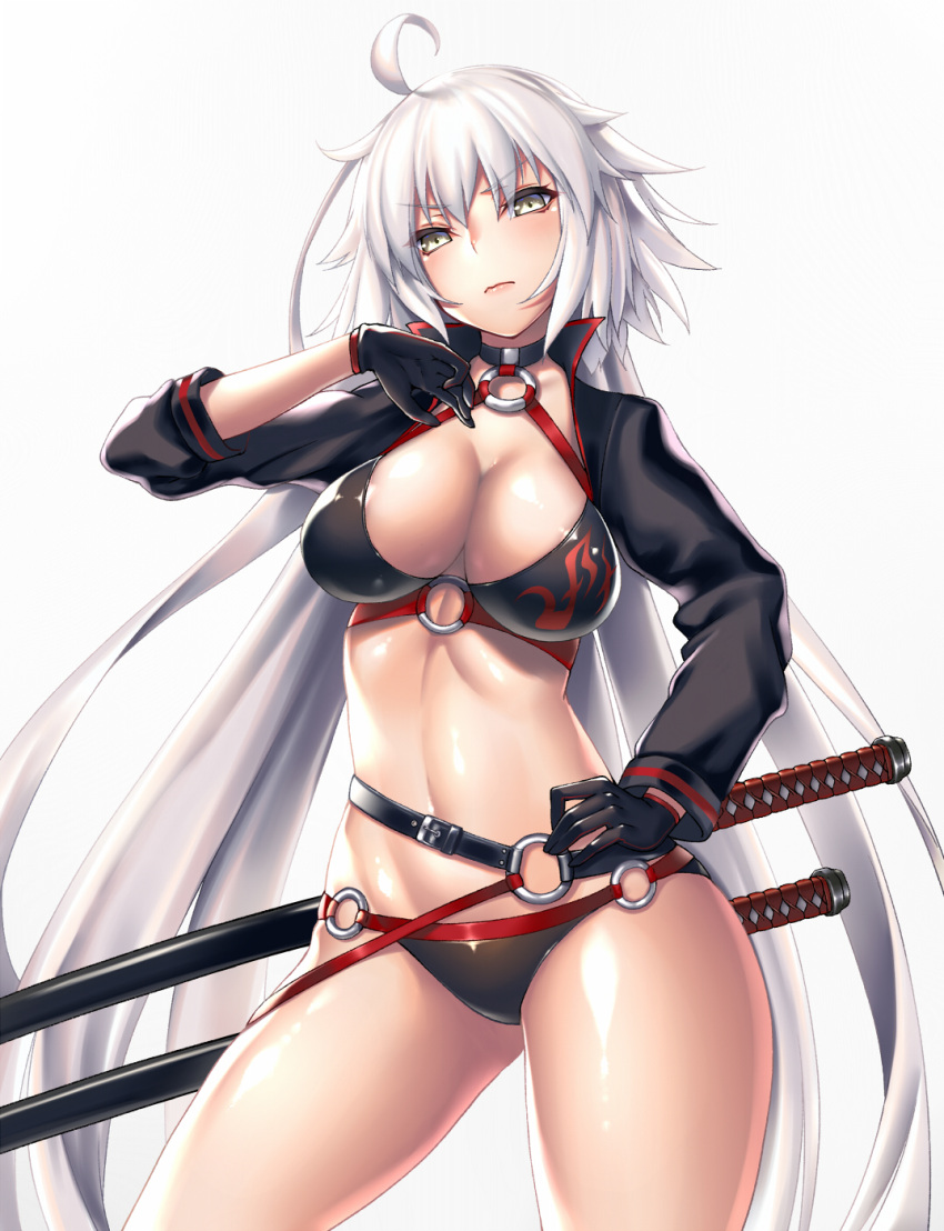 1girl ahoge bangs bikini black_bikini black_choker black_gloves breasts choker cleavage closed_mouth cowboy_shot eyebrows_visible_through_hair fate/grand_order fate_(series) frown gloves gradient gradient_background groin halter_top halterneck hand_on_hip highres jeanne_d'arc_(alter_swimsuit_berserker) jeanne_d'arc_(fate)_(all) katana large_breasts legs_apart long_hair looking_at_viewer midriff navel o-ring o-ring_bikini o-ring_bottom o-ring_top sheath sheathed sleeves_past_elbows solo swimsuit sword takanashi-a thighs v-shaped_eyebrows very_long_hair weapon white_hair yellow_eyes
