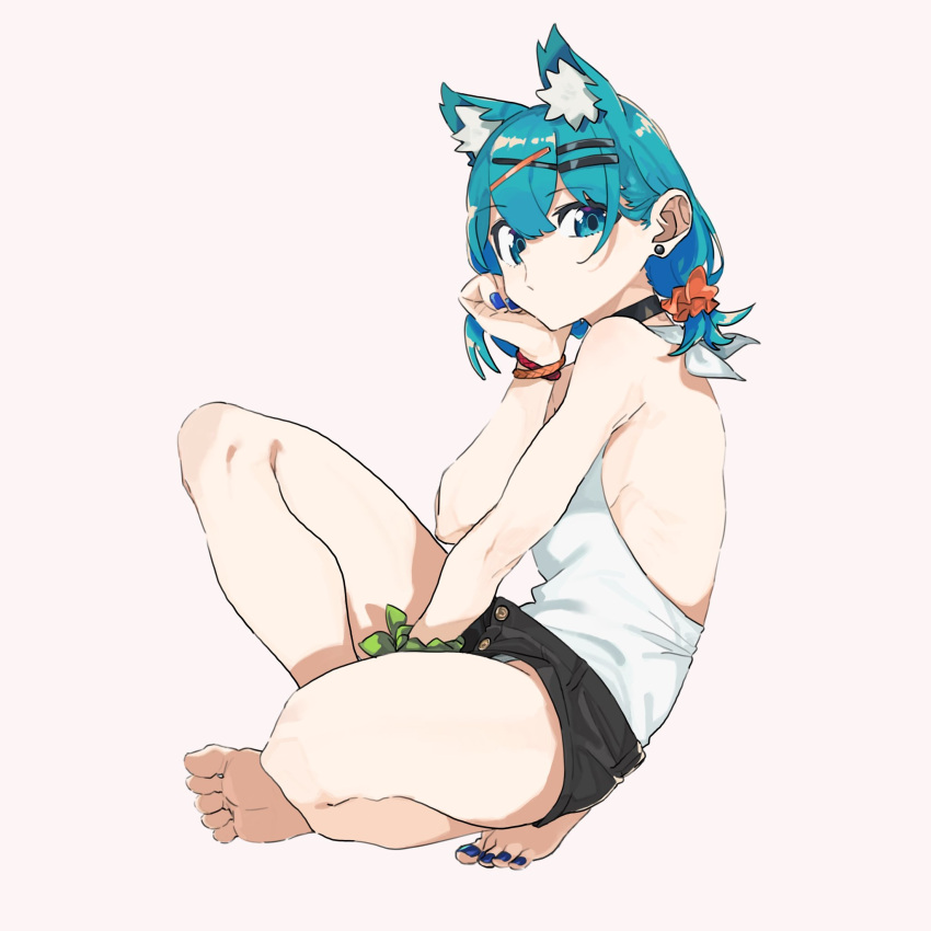 1girl animal_ears bangs black_shorts blue_eyes blue_hair bracelet breasts cat_ears choker earrings eir_(machi) hair_ornament hairpin halterneck hand_on_own_cheek highres jewelry leotard looking_at_viewer machi_(wm) messy_hair nail_polish scrunchie short_hair short_shorts shorts sideboob simple_background sitting solo toes white_leotard x_hair_ornament