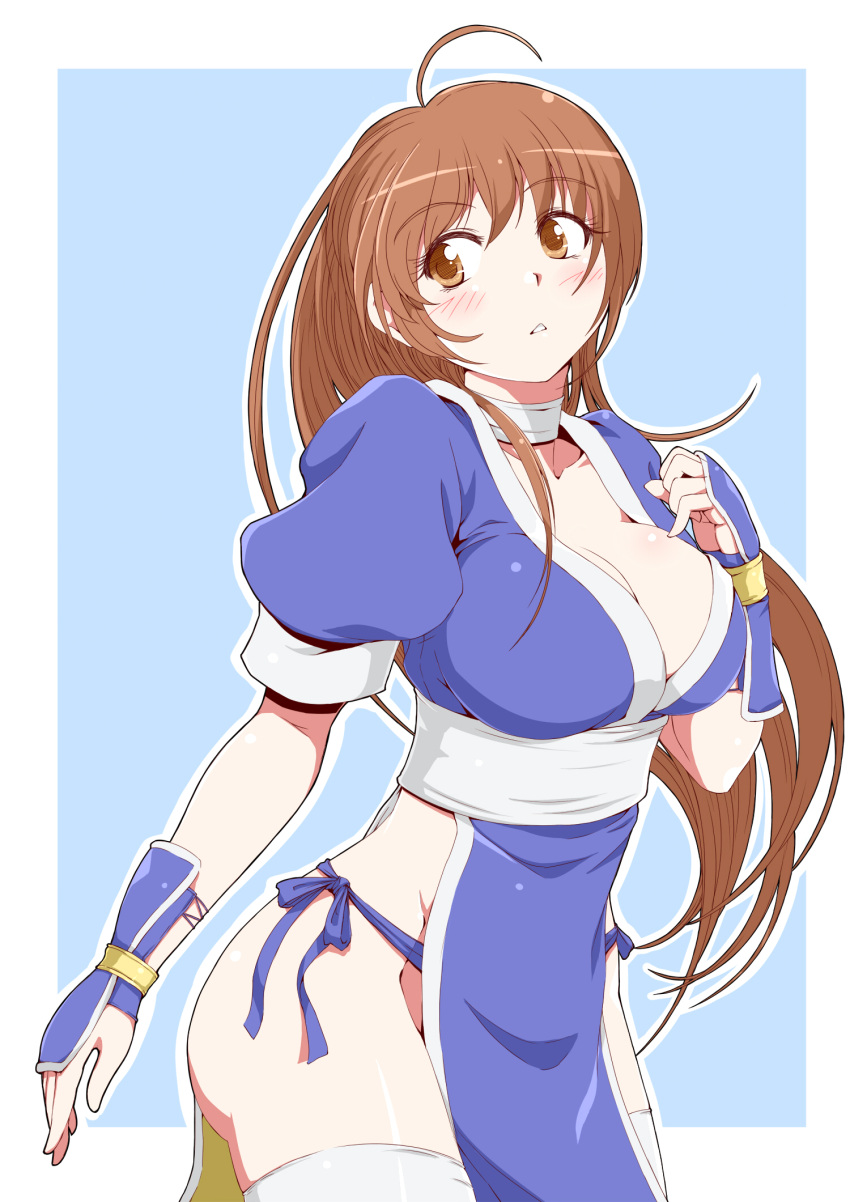 1girl armor blush breasts brown_eyes brown_hair choker cleavage cropped_legs dead_or_alive hair_down highres japanese_armor japanese_clothes kasumi_(doa) kote kyo9999 long_hair medium_breasts ninja no_bra sash short_sleeves solo standing thigh-highs two-tone_background white_legwear
