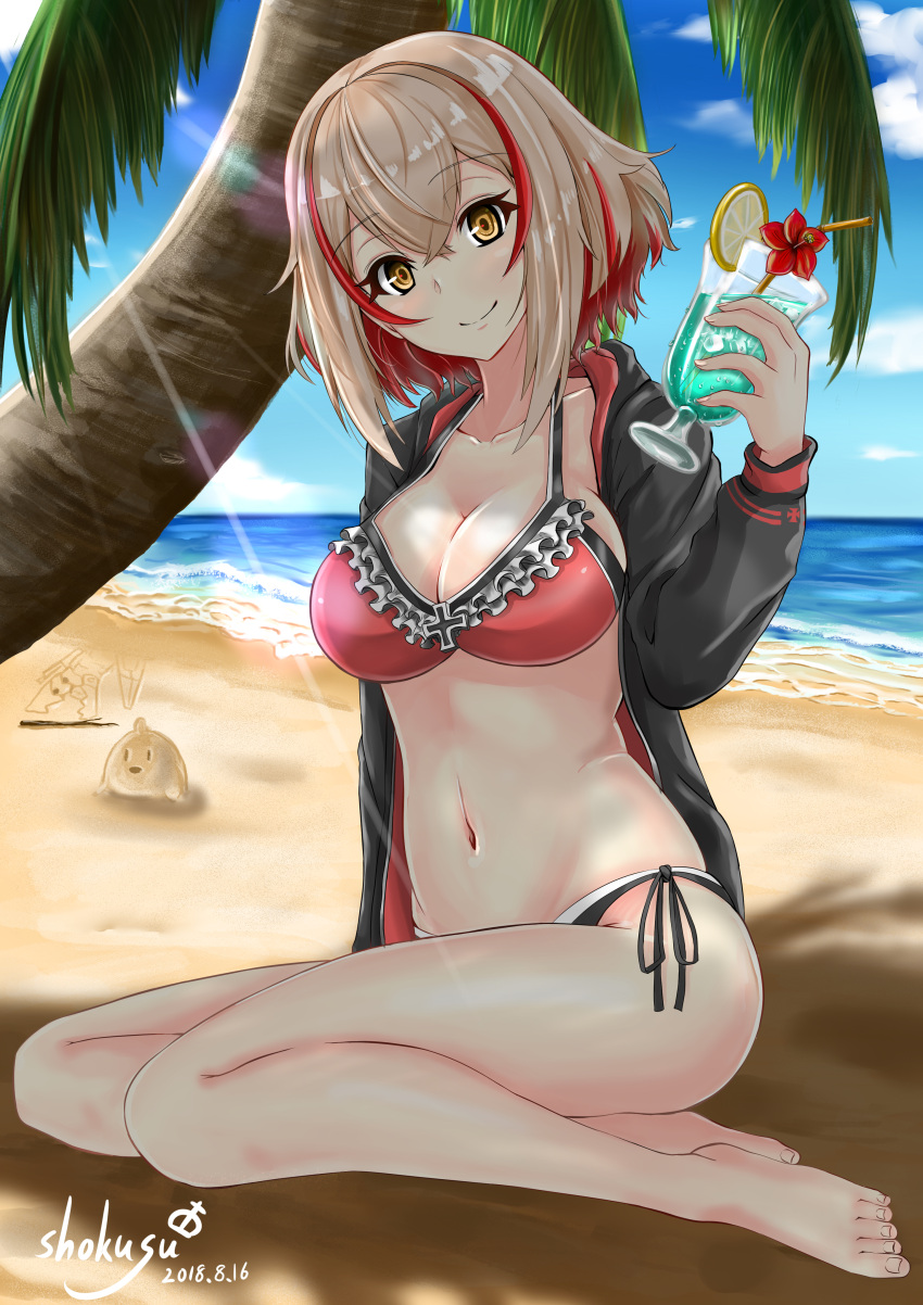 1girl absurdres ass azur_lane bangs barefoot bikini blonde_hair blue_sky blush breasts brown_eyes chushou_wang cleavage clouds collarbone commentary_request cup dated day drinking_glass eyebrows_visible_through_hair groin hair_between_eyes head_tilt headgear highres holding holding_drinking_glass large_breasts looking_at_viewer multicolored_hair navel ocean open_clothes outdoors palm_tree parka redhead roon_(azur_lane) short_hair side-tie_bikini sidelocks signature sitting sky smile solo stomach swimsuit tree tropical_drink yokozuwari