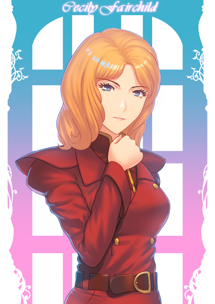 1girl bangs belt blonde_hair cecily_fairchild closed_mouth commentary_request eyebrows_visible_through_hair fateline_alpha gundam gundam_f91 highres jacket long_sleeves looking_at_viewer medium_hair parted_bangs red_jacket solo upper_body violet_eyes