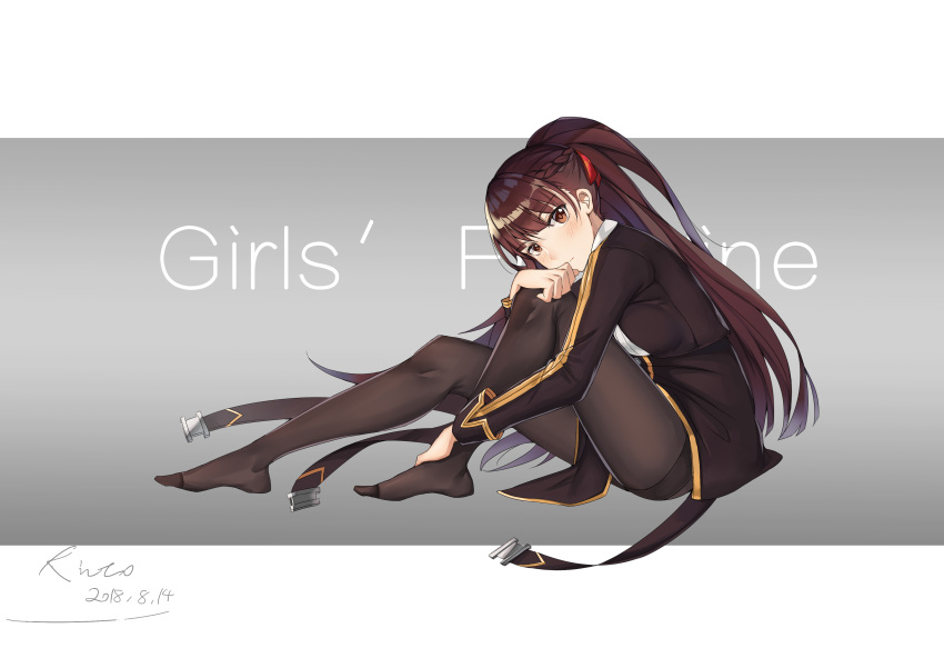 1girl absurdres bangs black_coat black_gloves blush braid breast_press breasts brown_eyes closed_mouth copyright_name dated eyebrows_visible_through_hair french_braid from_side full_body girls_frontline gloves gradient gradient_background highres kinto-kuwa leg_hug long_hair long_sleeves looking_at_viewer looking_to_the_side medium_breasts no_pants no_shoes one_side_up pantyhose purple_hair shiny shiny_hair shiny_skin signature sitting sleeve_cuffs solo straight_hair thighband_pantyhose very_long_hair wa2000_(girls_frontline)