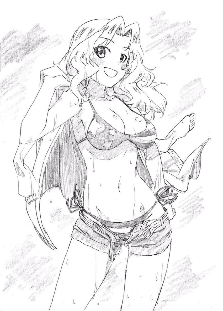 1girl american_flag_bikini belt bikini breasts casual cleavage commentary contrapposto cowboy_shot eyebrows_visible_through_hair flag_print girls_und_panzer graphite_(medium) greyscale hair_intakes highres jacket_on_shoulders kay_(girls_und_panzer) large_breasts long_hair looking_at_viewer monochrome navel open_clothes open_mouth open_shorts pink_x short_shorts shorts side-tie_bikini sketch smile solo standing sweat swimsuit traditional_media unzipped