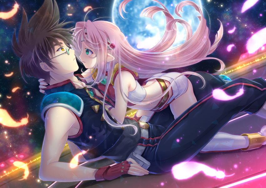 1boy 1girl black_pants brown_hair couple crop_top eye_contact fingerless_gloves floating_hair from_side full_moon glasses gloves green_eyes hair_between_eyes headpiece highres imminent_kiss kneeling long_hair looking_at_another macross macross_7 midriff moon mylene_jenius nekki_basara orange_feathers pants parted_lips pink_feathers pink_hair pointy_ears red_gloves round_eyewear short_hair short_shorts shorts shoulder_armor sitting sky sleeveless soukuu_kizuna spiky_hair star_(sky) starry_sky stomach thigh-highs very_long_hair white_legwear white_shorts yellow_eyes