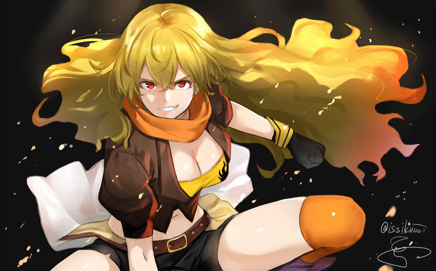 1girl belt black_gloves black_shorts blonde_hair breasts brown_jacket buckle cleavage clenched_hand cropped_jacket eyebrows_visible_through_hair fighting_stance gloves grin hair_between_eyes highres isshiki_(ffmania7) jacket kneehighs large_breasts long_hair midriff orange_scarf over-kneehighs puffy_short_sleeves puffy_sleeves red_eyes rwby scarf short_sleeves shorts smile squatting thigh-highs waist_cape wavy_hair yang_xiao_long yellow_crop_top