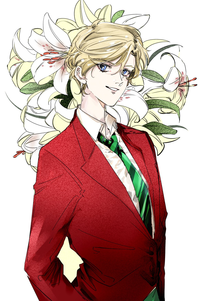 1girl bangs bishoujo_senshi_sailor_moon blazer blonde_hair commentary_request eyebrows_visible_through_hair flower hair_between_eyes highres jacket lily_(flower) mugen_gakuen_school_uniform necktie open_collar outer_senshi sailor_uranus shirt short_hair sidelocks smile solo ten'ou_haruka une_brise398 very_short_hair white_background white_shirt