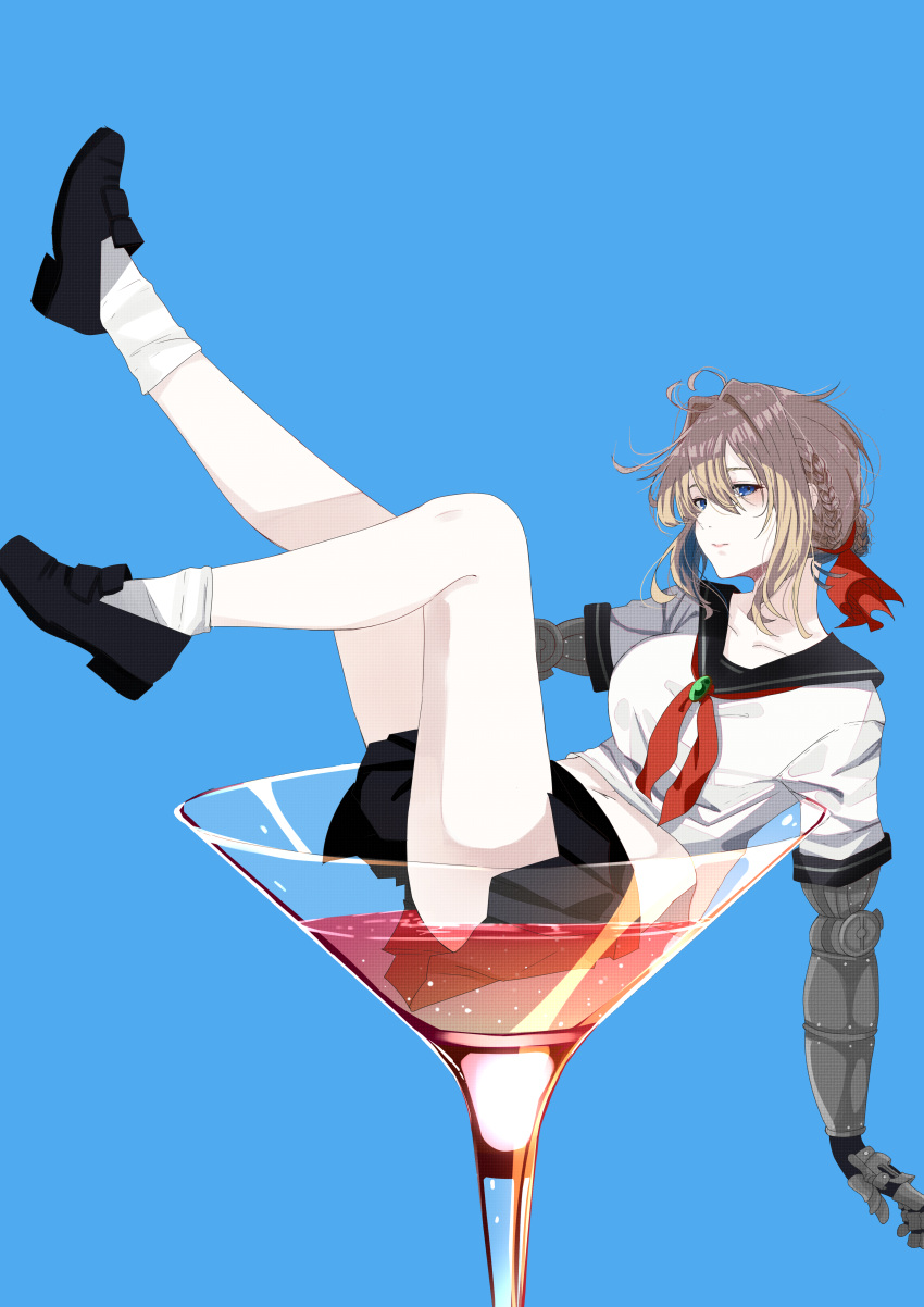 1girl absurdres alcohol alternate_costume ass black_footwear black_sailor_collar black_skirt blonde_hair blue_background blue_eyes blush braid breasts cocktail_glass cup drinking_glass french_braid full_body hair_between_eyes hair_ribbon highres legs_up loafers looking_at_viewer lying mechanical_arms mechanical_hand medium_breasts mike.zen miniskirt on_back pleated_skirt prosthesis prosthetic_arm red_ribbon ribbon sailor_collar school_uniform serafuku shirt shoes short_sleeves skirt solo tied_hair violet_evergarden violet_evergarden_(character) white_shirt