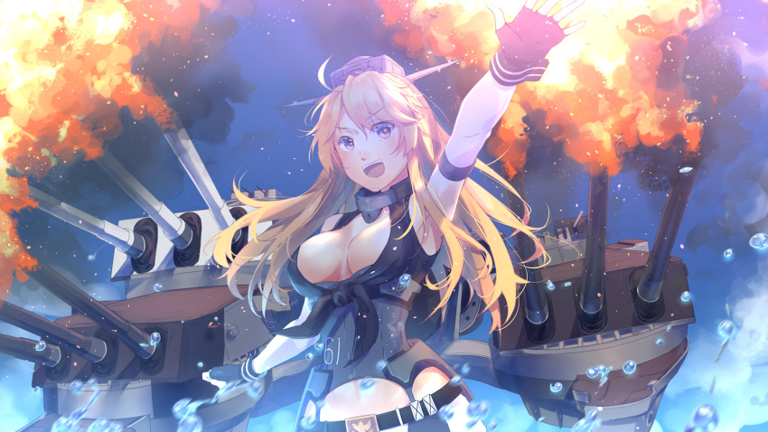 1girl blonde_hair blue_eyes blue_sky breasts cannon elbow_gloves explosion fingerless_gloves front-tie_top gloves hair_between_eyes headgear iowa_(kantai_collection) kantai_collection katee large_breasts miniskirt open_mouth outdoors rigging skirt sky solo star star-shaped_pupils symbol-shaped_pupils turret upper_body water water_drop wrist_cuffs