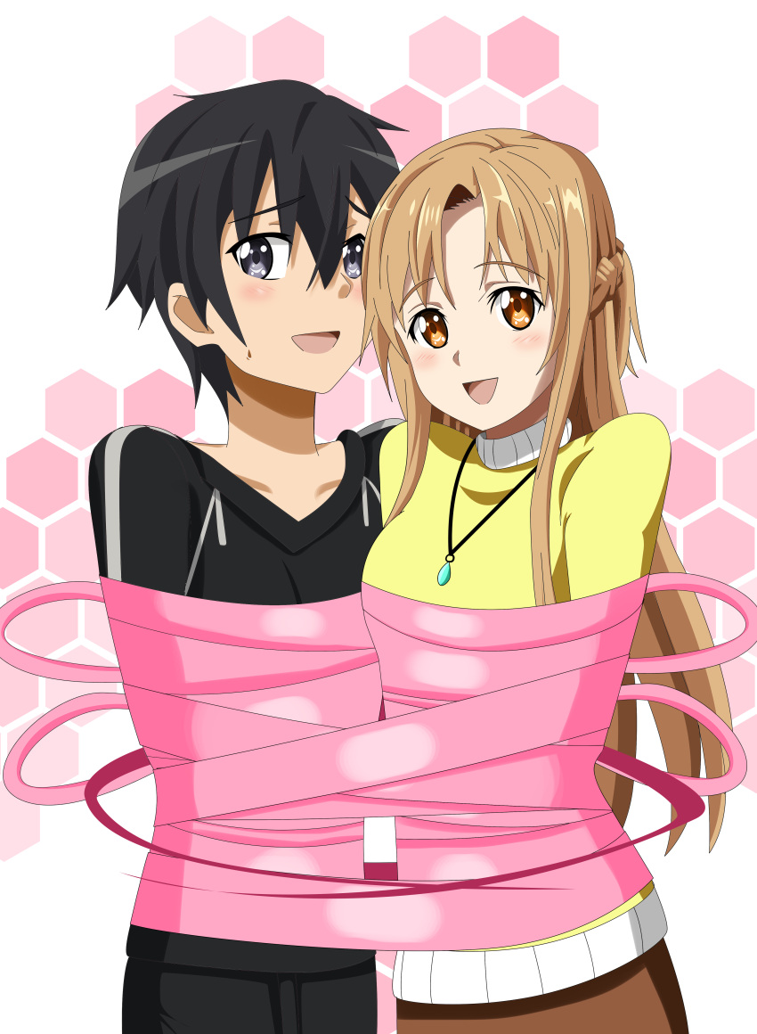 1boy 1girl arms_behind_back asuna_(sao) background black_eyes black_hair black_t-shirt bound brown_hair couple cute happy hazel_eyes kirigaya_kazuto kirito long_hair love necklace pink_ribbon restrained ribbon short_hair sincity2100 sweating sword_art_online tied_up yelkow_sweater yuuki_asuna