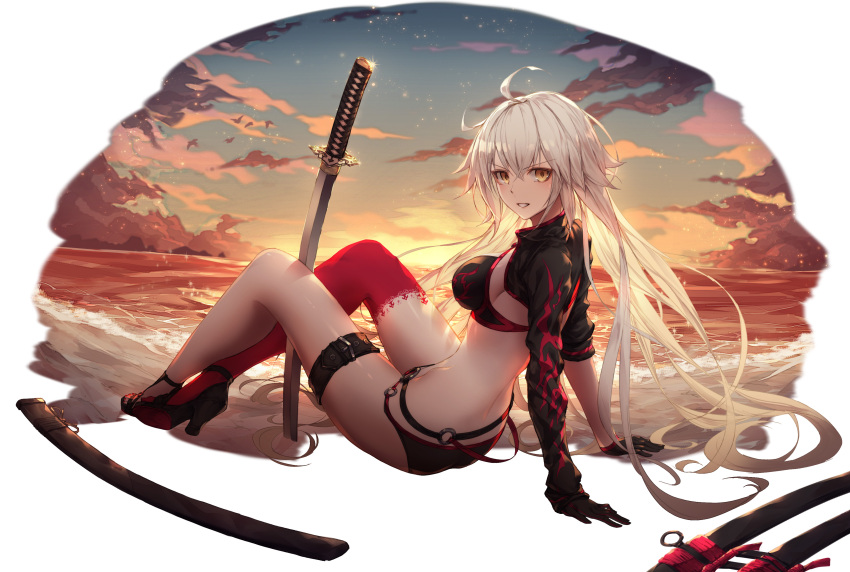 1girl :d absurdres ahoge arm_support arms_behind_back asymmetrical_legwear bangs beach bikini black_bikini black_jacket blush breasts brown_eyes buckle clouds cloudy_sky commentary_request cropped_jacket crossed_ankles dusk eyebrows_visible_through_hair fate/grand_order fate_(series) full_body gloves godoju hair_between_eyes high_collar high_heels highres horizon jacket jeanne_d'arc_(alter_swimsuit_berserker) jeanne_d'arc_(fate)_(all) katana large_breasts leaning_back long_hair looking_at_viewer looking_to_the_side o-ring o-ring_bikini o-ring_bottom ocean open_mouth planted_sword planted_weapon reclining red_legwear revision sand sheath silver_hair single_thighhigh sitting sky smile solo sunset swimsuit sword thigh-highs thigh_strap unsheathed v-shaped_eyebrows very_long_hair water weapon white_background yellow_eyes