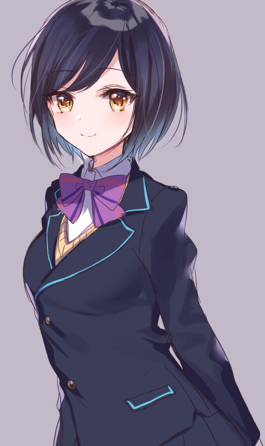 1girl black_hair black_jacket black_skirt blazer bow bowtie brown_cardigan brown_eyes cardigan collared_shirt grey_background highres jacket long_sleeves looking_at_viewer misumi_(macaroni) nijisanji pleated_skirt purple_neckwear school_uniform shirt shizuka_rin short_hair simple_background skirt smile solo white_shirt