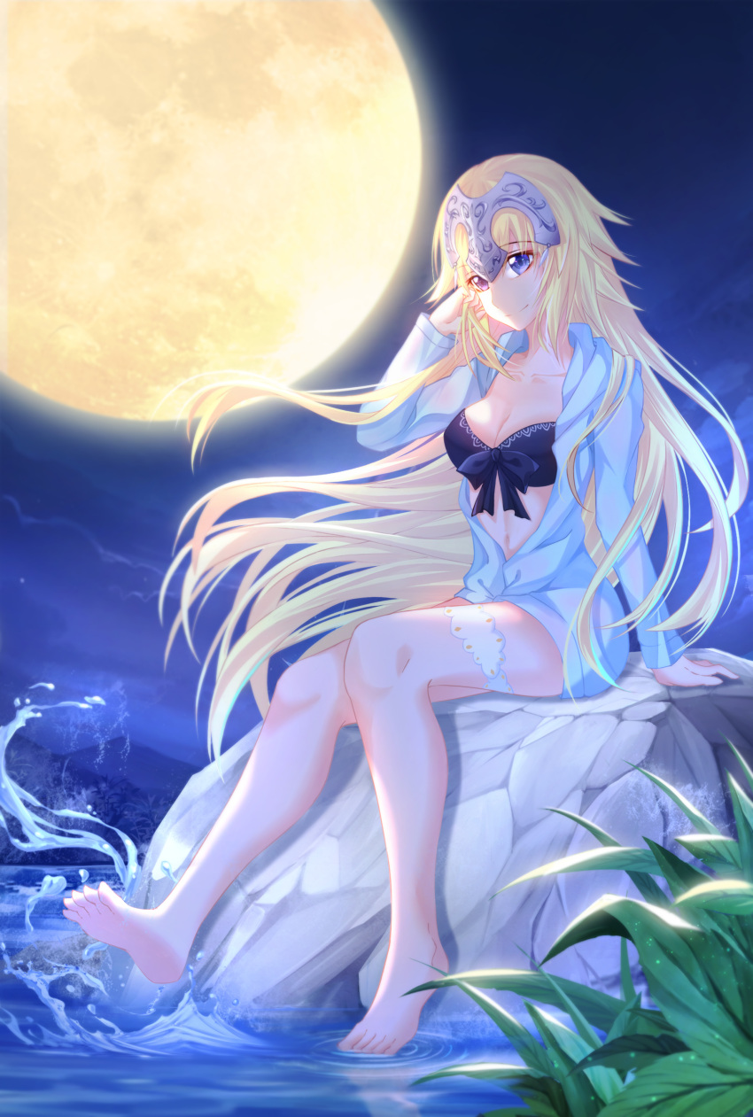 1girl 333_(pixiv8601259) absurdres arm_support barefoot black_bikini_top blonde_hair blue_eyes blue_jacket breasts cleavage collarbone eyebrows_visible_through_hair fate/grand_order fate_(series) floating_hair full_body full_moon hand_in_hair headpiece highres hood hooded_jacket jacket jeanne_d'arc_(swimsuit_archer) large_breasts long_hair moon night open_clothes open_jacket outdoors sitting sky smile soaking_feet solo strapless strapless_bikini thigh_strap very_long_hair water