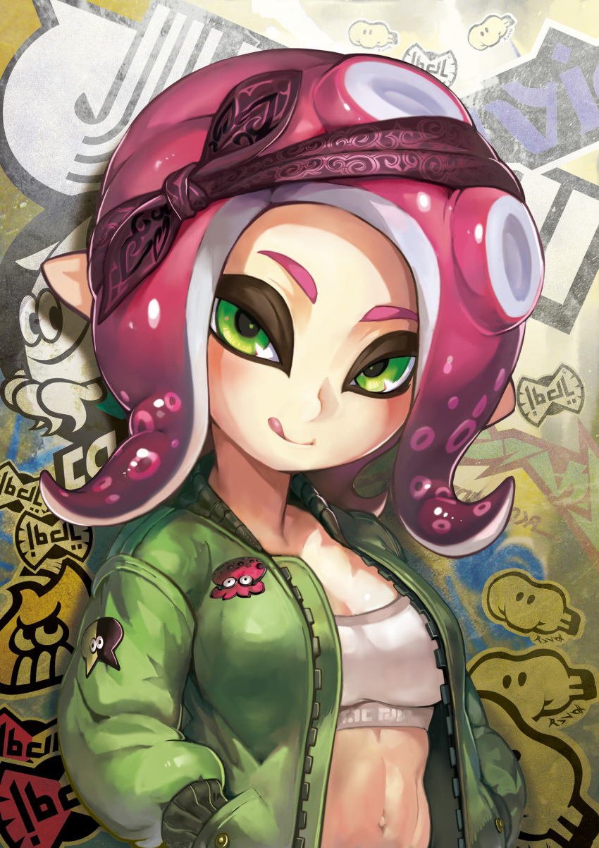 1girl :q bandanna bra breasts commentary_request green_eyes green_jacket hands_in_pockets highres jacket kousaku looking_at_viewer medium_breasts navel octoling open_clothes open_jacket outie_navel pink_hair pointy_ears short_hair smile solo splatoon splatoon_2 sports_bra suction_cups tentacle tongue tongue_out underwear upper_body white_bra