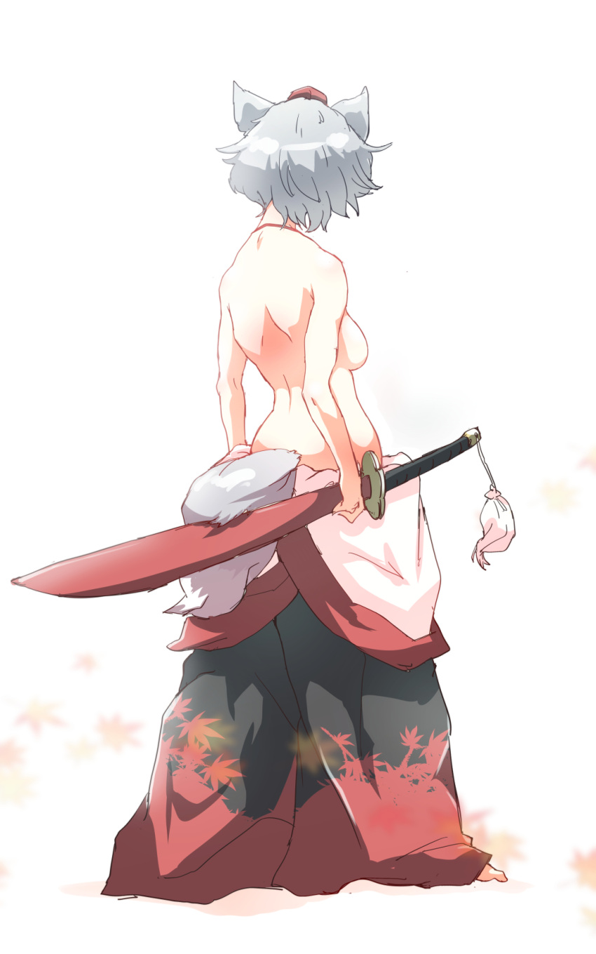 1girl animal_ears back breasts from_behind full_body hat highres inubashiri_momiji leaf leaf_print medium_breasts non_(z-art) scabbard sheath sheathed short_hair sideboob silver_hair simple_background skirt solo standing sword tail tokin_hat topless touhou weapon white_background wolf_ears wolf_tail
