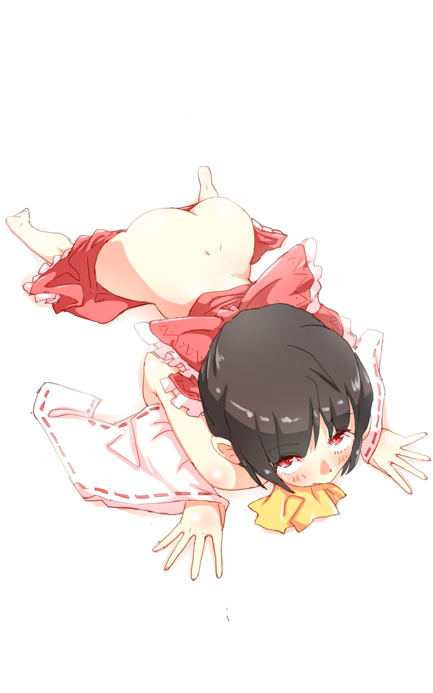 1girl all_fours ascot ass bare_shoulders barefoot black_hair blush bow detached_sleeves from_above full_body hair_bow hakurei_reimu highres looking_at_viewer looking_up no_panties non_(z-art) nontraditional_miko red_eyes short_hair simple_background skirt skirt_down solo touhou white_background wide_sleeves