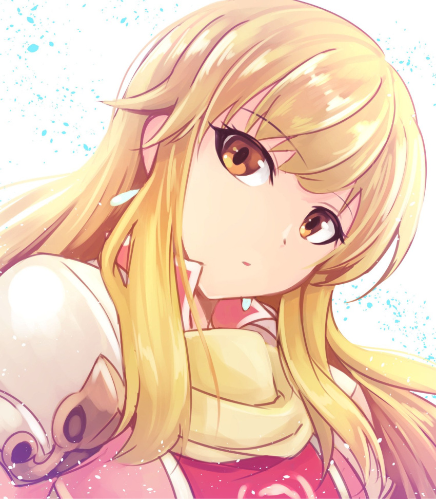 1girl blonde_hair brown_eyes earrings fire_emblem fire_emblem:_seisen_no_keifu highres jewelry lachesis_(fire_emblem) long_hair nakabayashi_zun shoulder_pads simple_background solo white_background