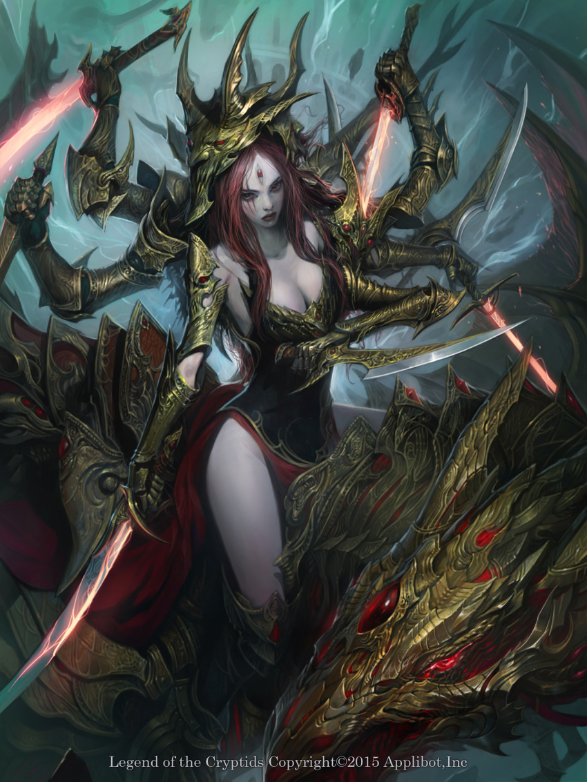 1girl armored_boots boots breasts cleavage copyright_name dragon dress extra_arms extra_eyes gloves helmet highres legend_of_the_cryptids lipstick long_hair makeup red_eyes redhead scar solo sword weapon