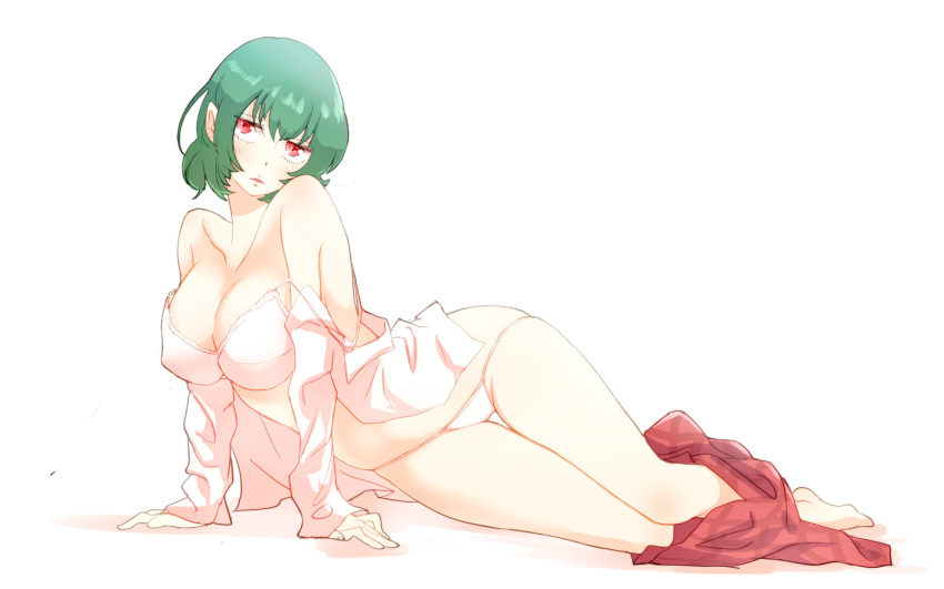 1girl bare_shoulders barefoot bra breasts cleavage collarbone collared_shirt full_body green_hair kazami_yuuka large_breasts legs_together long_sleeves looking_at_viewer lying non_(z-art) on_side open_clothes open_shirt panties red_eyes shirt short_hair simple_background skirt skirt_removed solo strap_slip touhou underwear white_background white_bra white_panties white_shirt