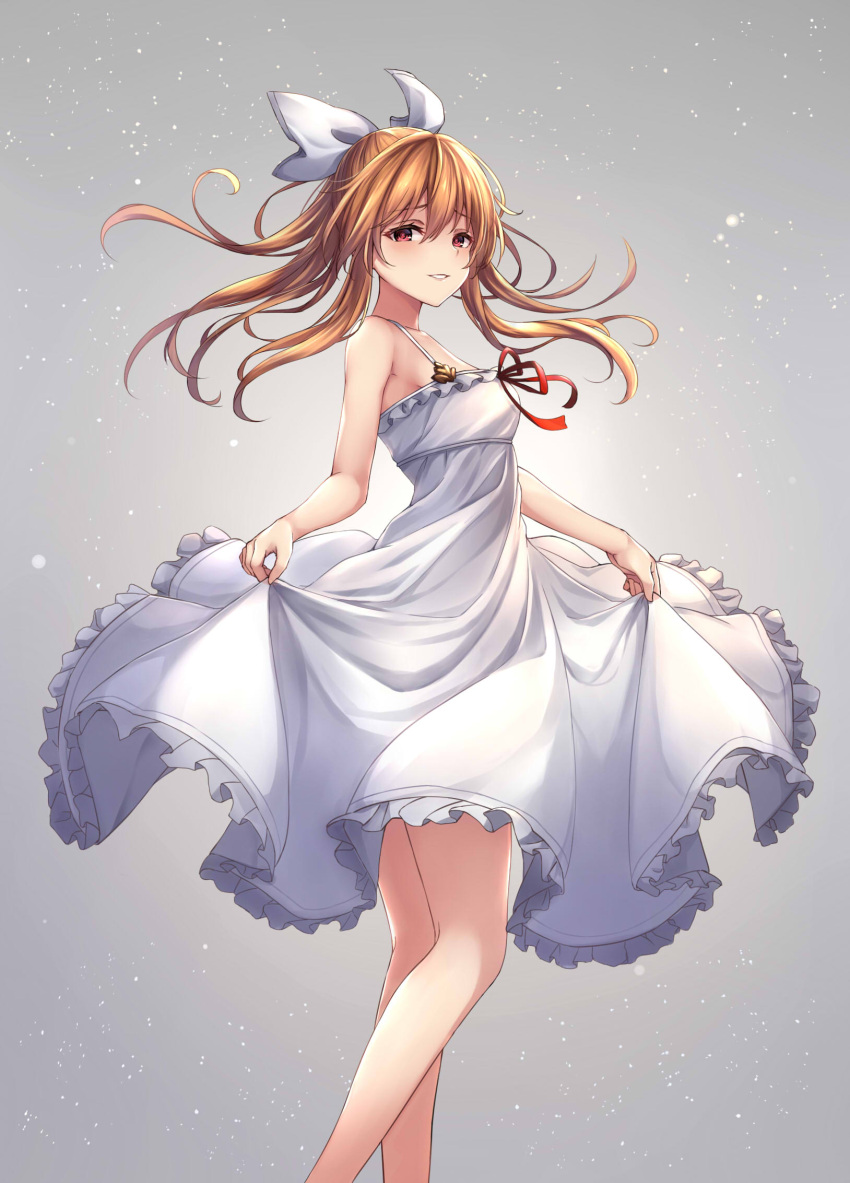 1girl bangs bare_arms bare_shoulders blush bow breasts brown_hair commentary_request dress eyebrows_visible_through_hair frilled_dress frills granblue_fantasy grey_background hair_between_eyes hair_bow highres medium_breasts parted_lips red_eyes skirt_hold sleeveless sleeveless_dress solo vira_lilie white_bow white_dress ym_(distance819)