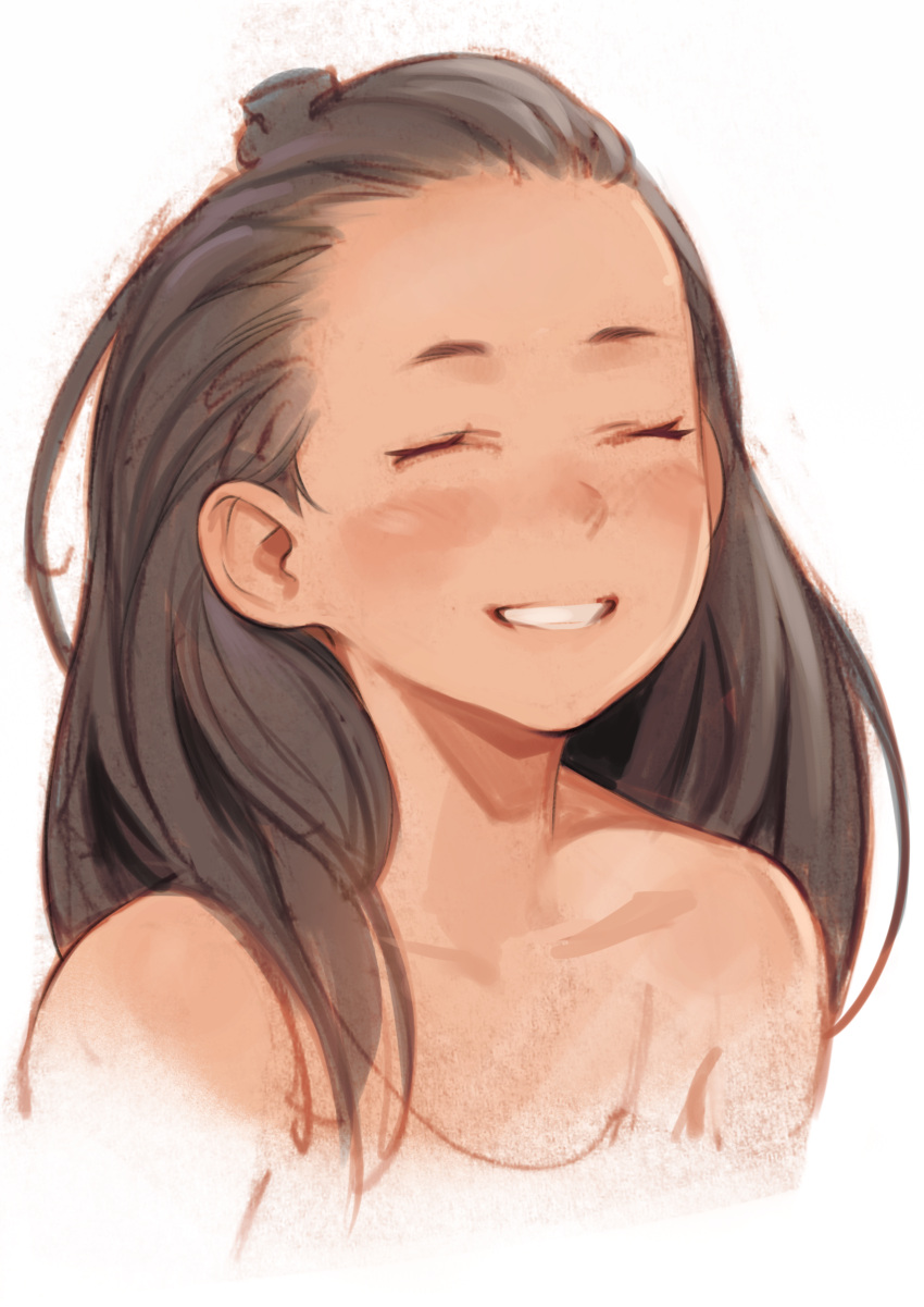 1girl absurdres bangs_pinned_back black_hair closed_eyes commentary english_commentary facing_viewer forehead highres long_hair luimiart nude original simple_background sketch smile solo upper_body white_background