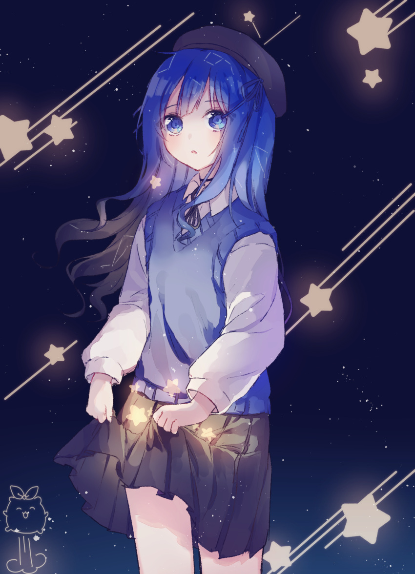 1girl bangs beret black_hat black_skirt blue_eyes blue_hair blush collared_shirt commentary constellation cowboy_shot eyebrows_visible_through_hair hat highres long_hair long_sleeves night night_sky original parted_lips pleated_skirt poyo_(shwjdddms249) shirt signature skirt skirt_basket skirt_hold sky solo standing star star_(sky) starry_sky sweater_vest symbol_commentary very_long_hair white_shirt