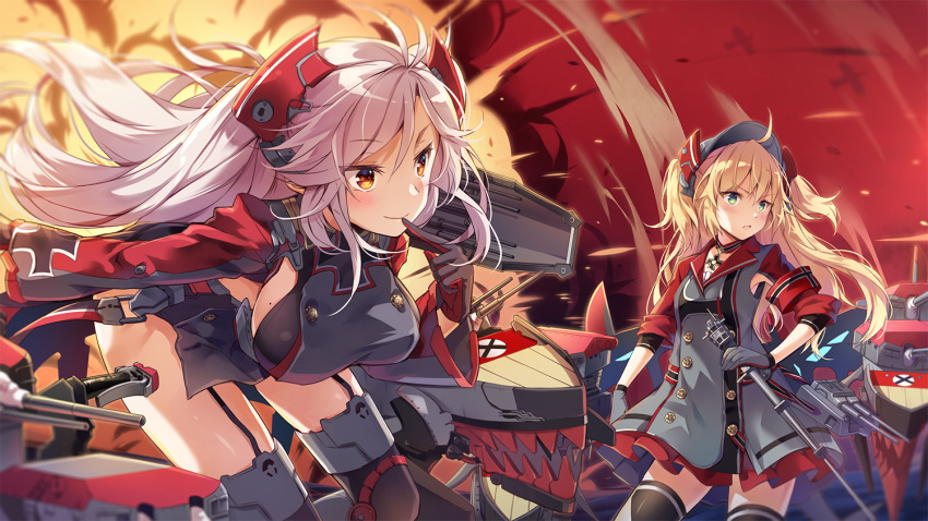 2girls action admiral_hipper_(azur_lane) ahoge antenna_hair armband azur_lane bangs blonde_hair blush breasts brown_eyes cannon choker closed_mouth collarbone commentary_request day double-breasted explosion eyebrows_visible_through_hair finger_to_mouth floating_hair garter_straps gloves green_eyes hair_between_eyes hat headgear holding holding_scepter holding_weapon iron_cross jacket large_breasts leaning_forward long_hair looking_away machinery mole mole_on_breast multicolored_hair multiple_girls norwegian_flag nyanya official_art open_mouth outdoors prinz_eugen_(azur_lane) redhead ribbon rigging side_cutout sidelocks silver_hair smile streaked_hair thigh-highs turret two_side_up very_long_hair water weapon wind wind_lift