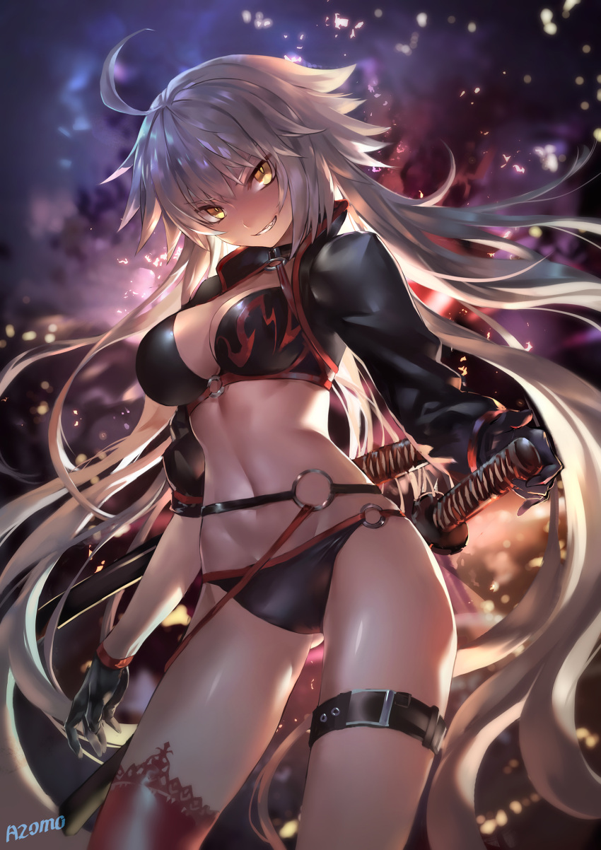 1girl ahoge azomo bangs bikini black_bikini black_gloves black_jacket blurry blurry_background breasts brown_eyes cleavage commentary_request depth_of_field eyebrows_visible_through_hair fate/grand_order fate_(series) gloves gluteal_fold grin hair_between_eyes head_tilt highres jacket jeanne_d'arc_(alter_swimsuit_berserker) jeanne_d'arc_(fate)_(all) katana large_breasts long_hair long_sleeves looking_at_viewer navel o-ring o-ring_bikini o-ring_bottom o-ring_top red_legwear sharp_teeth sheath sheathed sidelocks signature silver_hair single_thighhigh smile solo swimsuit sword teeth thigh-highs v-shaped_eyebrows very_long_hair weapon