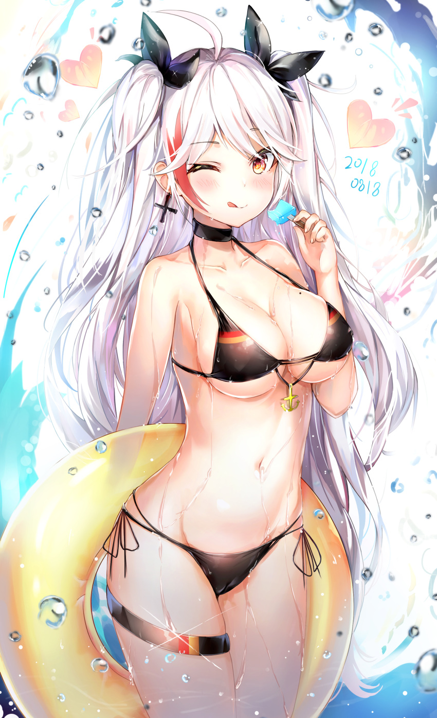 1girl absurdres anchor_symbol antenna_hair azur_lane bangs bikini black_bikini blush breasts brown_eyes cleavage collarbone commentary_request cowboy_shot cross cross_earrings dana_(hapong07) dated earrings eyebrows_visible_through_hair flag_print food german_flag_bikini groin hair_between_eyes heart highres holding holding_food holding_innertube innertube iron_cross jewelry large_breasts licking_lips long_hair looking_at_viewer mole mole_on_breast multicolored_hair navel one_eye_closed popsicle prinz_eugen_(azur_lane) redhead ribbon side-tie_bikini sidelocks silver_hair skindentation smile solo sparkle splashing stomach streaked_hair swimsuit thigh_strap tongue tongue_out two_side_up very_long_hair wet