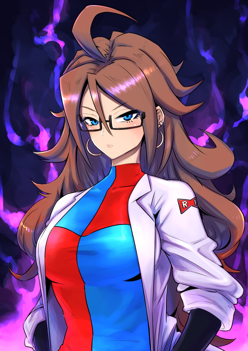 1girl ahoge android_21 black-framed_eyewear blue_eyes blush breasts brown_hair checkered checkered_dress commentary_request curly_hair dragon_ball dragon_ball_fighterz dress earrings glasses haga_souken highres hoop_earrings jewelry labcoat large_breasts long_hair looking_at_viewer red_ribbon_army semi-rimless_eyewear solo tsurime under-rim_eyewear