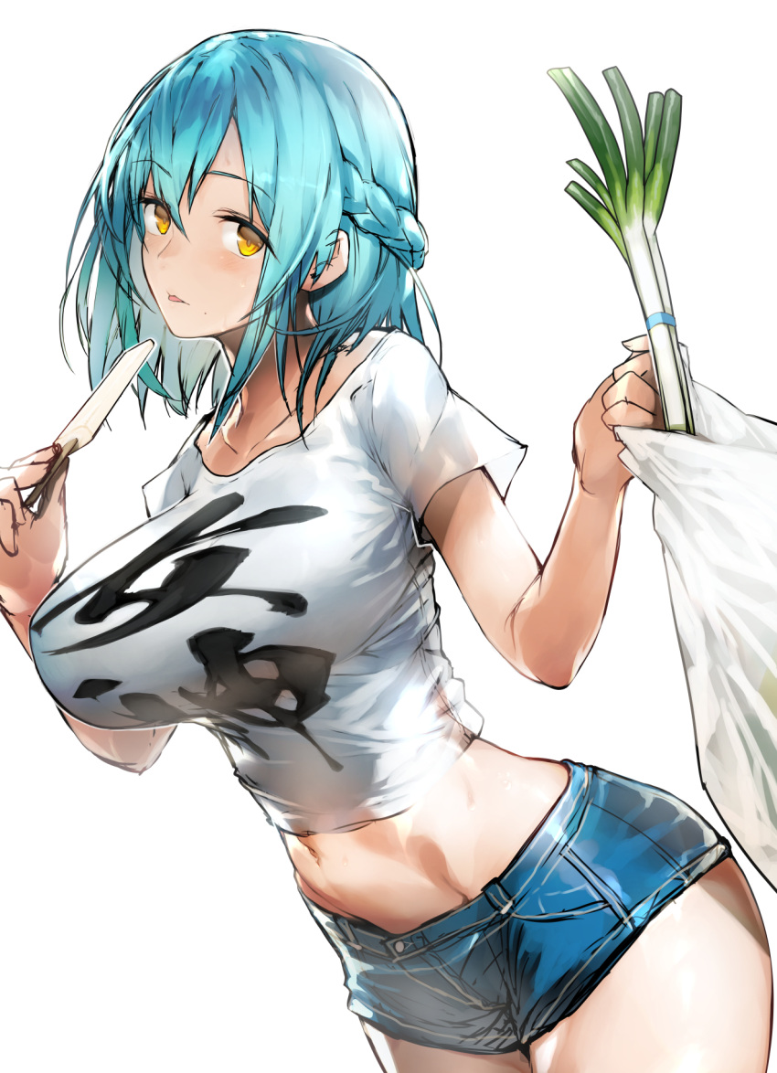 1girl :p bag bangs blonde_hair blue_shorts blush braid breasts collarbone commentary_request cowboy_shot denim denim_shorts eyebrows_visible_through_hair fingernails food french_braid groin hair_between_eyes hands_up highres holding holding_bag large_breasts looking_at_viewer moira_(nijisanji) navel nijisanji nishiide_kengorou plastic_bag popsicle shirt shopping_bag short_hair short_shorts short_sleeves shorts sidelocks simple_background solo spring_onion standing stomach sweat tongue tongue_out vegetable white_background white_shirt yellow_eyes