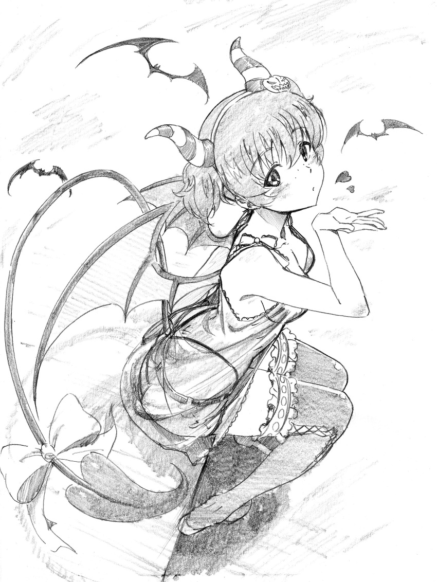 1girl absurdres alisa_(girls_und_panzer) bangs bat belt blowing blown_kiss bow breasts camisole commentary demon_tail demon_wings eyebrows_visible_through_hair foreshortening freckles girls_und_panzer graphite_(medium) greyscale hair_ornament highleg highleg_panties highres horns jack-o'-lantern jack-o'-lantern_hair_ornament lace lace-trimmed_thighhighs looking_at_viewer miniskirt monochrome panties parted_lips pink_x see-through short_hair short_twintails sideboob sitting sketch skirt small_breasts solo striped_horns tail tail_bow thigh-highs traditional_media twintails underwear wings