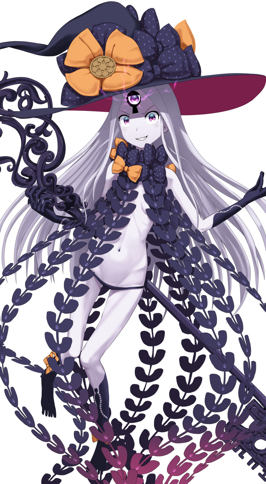 1girl abigail_williams_(fate/grand_order) absurdres bangs black_bow black_gloves black_hat black_legwear black_panties bow commentary_request elbow_gloves fate/grand_order fate_(series) gloves glowing grin hat hat_bow head_tilt highres key kneehighs long_hair looking_at_viewer orange_bow oversized_object pale_skin panties parted_bangs revealing_clothes sanbe_futoshi silver_hair simple_background skull_print smile solo topless underwear v-shaped_eyebrows very_long_hair white_background witch_hat