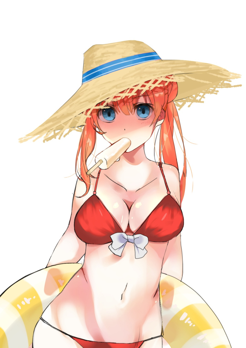 1girl arms_behind_back bikini blue_eyes blue_ribbon bow breasts cleavage collarbone eyebrows_visible_through_hair food gintama groin hair_between_eyes hair_bun hat hat_ribbon highres ice_cream innertube kagura_(gintama) long_hair looking_at_viewer medium_breasts mouth_hold navel orange_hair red_bikini ribbon shiny shiny_skin simple_background solo straw_hat sun_hat swimsuit twintails upper_body white_background white_bow yellow_hat yorozuygintamam