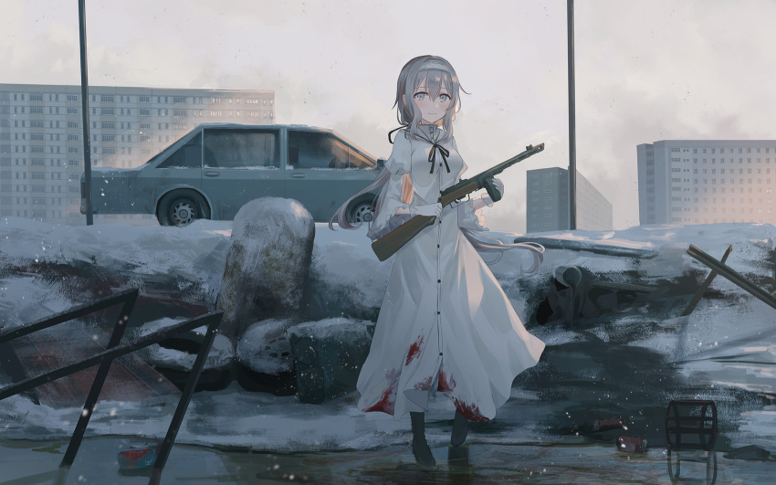 1girl apartment bangs black_footwear blood bloody_clothes blush boots building can car chihuri closed_mouth commentary_request dress eyebrows_visible_through_hair gloves grey_eyes grey_hairband ground_vehicle gun hair_between_eyes hairband highres holding holding_gun holding_weapon long_hair long_sleeves motor_vehicle original outdoors ppsh-41 silver_hair smile snow snowing solo standing standing_on_one_leg submachine_gun tire vehicle_request very_long_hair water weapon white_dress white_gloves wide_sleeves
