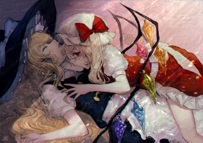 2girls apron black_hat black_vest bow closed_eyes commentary_request crystal flandre_scarlet frilled_apron frilled_skirt frills hat hat_bow highres kirisame_marisa lying lying_on_person mob_cap mochacot multiple_girls on_back open_mouth profile puffy_short_sleeves puffy_sleeves red_bow red_eyes red_skirt red_vest short_sleeves skirt skirt_set touhou vampire vest wavy_hair white_apron white_bow white_hat wings witch_hat yuri