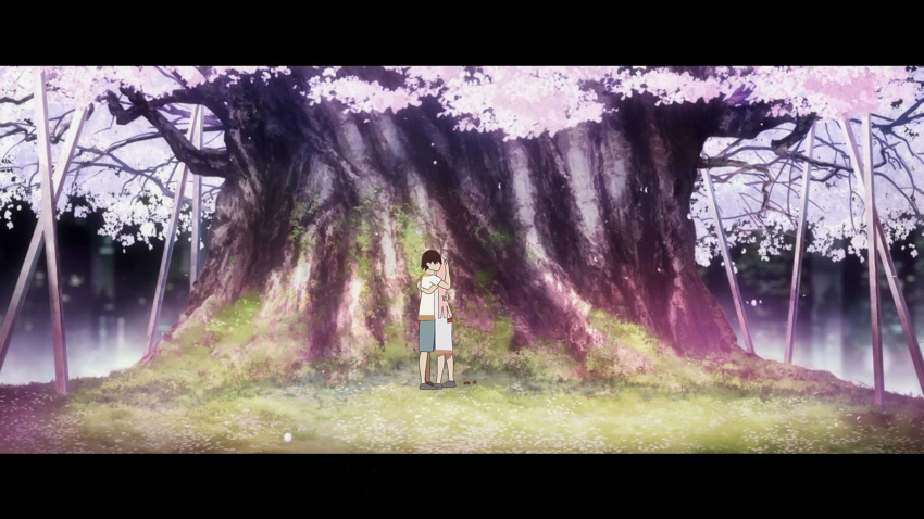 1boy 1girl bangs black_footwear black_hair blue_shorts blurry cherry_blossoms child chinese_commentary city cityscape commentary commentary_request couple darling_in_the_franxx dress grass hand_on_another's_back hand_on_another's_head hetero highres hiro_(darling_in_the_franxx) hug letterboxed long_hair no_socks petals pink_hair reincarnation rmlin69 shirt shoes short_hair short_sleeves shorts spoilers tree white_dress white_shirt younger zero_two_(darling_in_the_franxx)