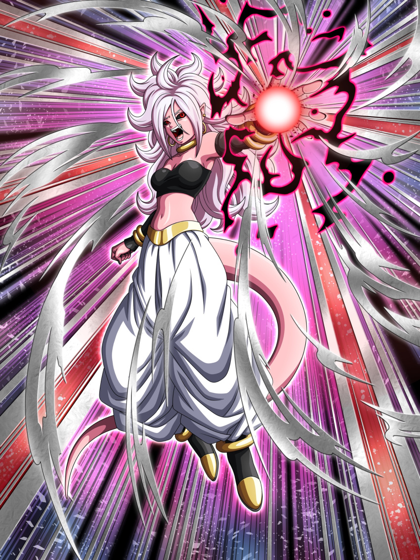 1girl :o absurdres android_21 android_21_(evil) black_footwear black_sclera black_sleeves black_tubetop boots breasts curly_hair dbkenkyuusei detached_sleeves dragon_ball dragon_ball_fighterz earrings energy_ball fangs floating harem_pants highres hoop_earrings jewelry long_hair majin_android_21 medium_breasts midriff monster_girl navel pants pink_skin pointy_ears red_eyes solo strapless tail tubetop white_hair white_pants
