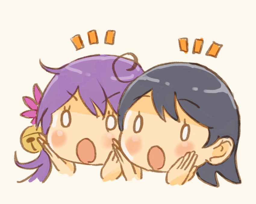 2girls ahoge akebono_(kantai_collection) bell black_hair blank_eyes blush_stickers chibi commentary_request flower hair_bell hair_flower hair_ornament hands_on_own_cheeks hands_on_own_face head_only highres kantai_collection multiple_girls open_mouth otoufu purple_hair surprised ushio_(kantai_collection)