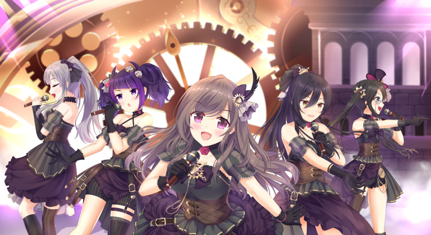 5girls :d :o bangs bare_shoulders belt black_gloves black_hair blue_eyes blush bow breasts brown_hair cape choker cleavage closed_eyes collarbone commentary_request corset criss-cross_halter detached_sleeves diagonal_bangs elbow_gloves eyebrows_visible_through_hair finger_gun flower frills garter_straps gears gloves goggles goggles_on_head hair_between_eyes hair_ornament hair_ribbon halterneck hat high_ponytail highres holding holding_microphone idol idolmaster idolmaster_shiny_colors long_hair looking_at_viewer microphone mini_hat mini_top_hat mismatched_legwear mitsumine_yuika monocle multiple_girls music open_mouth outstretched_arm pink_eyes pinstripe_legwear pleated_skirt pocket_watch ponytail purple_bow purple_hair purple_skirt ribbon rocky0206 rose shirase_sakuya short_twintails shorts silver_hair singing skirt smile striped striped_shorts tanaka_mamimi top_hat tsukioka_kogane twintails violet_eyes watch yellow_eyes yuukoku_kiriko