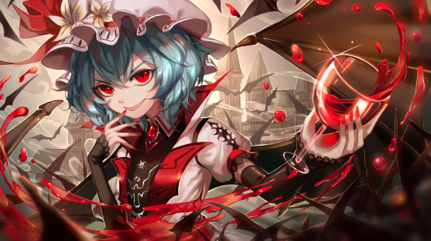 1girl bat black_wings blue_hair castle cup detached_sleeves drinking_glass flower grey_hat grin hair_between_eyes hat hat_flower highres holding holding_drinking_glass nail_polish outdoors red_eyes red_nails remilia_scarlet sharp_teeth short_hair short_sleeves smile solo sparkle teeth touhou upper_body white_flower wine_glass wings ze_xia