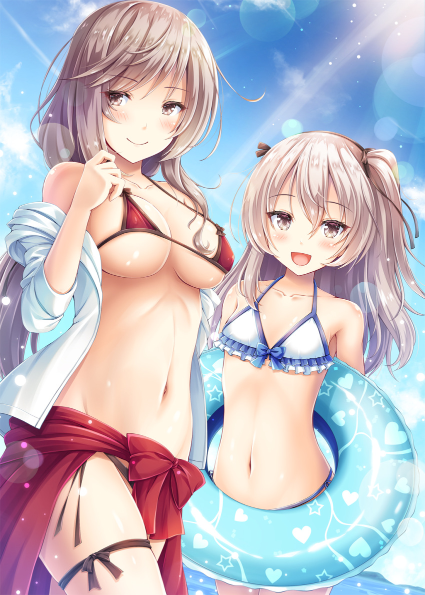2girls :d akashio_(loli_ace) bangs bikini blue_sky breasts brown_eyes clouds collarbone commentary_request day dutch_angle eyebrows_visible_through_hair eyes_visible_through_hair flat_chest frilled_bikini frills girls_und_panzer hair_between_eyes highres innertube large_breasts lens_flare light_brown_hair long_hair looking_at_viewer mother_and_daughter multiple_girls navel open_mouth outdoors shimada_arisu shimada_chiyo sky smile sunlight swimsuit water