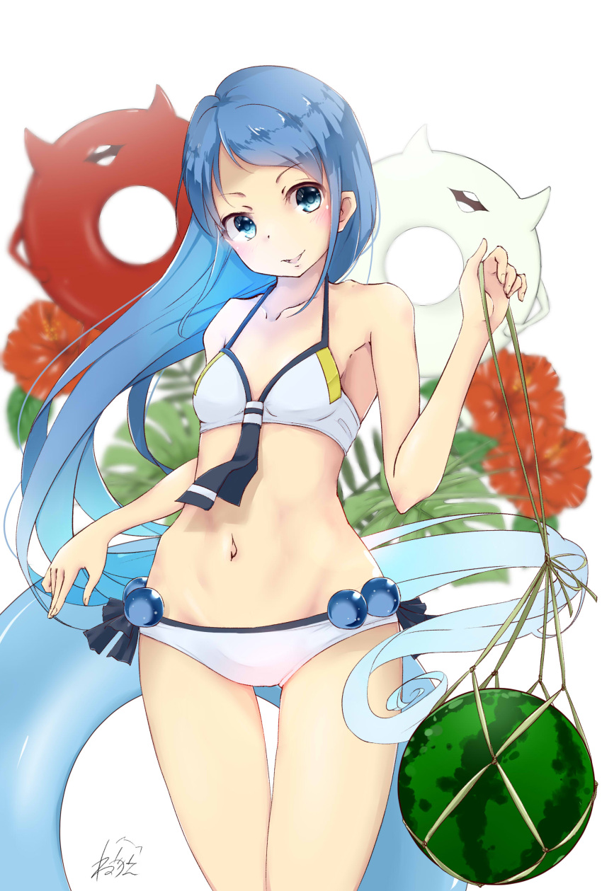 absurdres bikini blue_eyes blue_hair blush breasts enemy_lifebuoy_(kantai_collection) eyebrows_visible_through_hair flower food fruit highres kantai_collection long_hair looking_at_viewer minifreak open_mouth samidare_(kantai_collection) simple_background small_breasts smile swimsuit watermelon white_background white_bikini